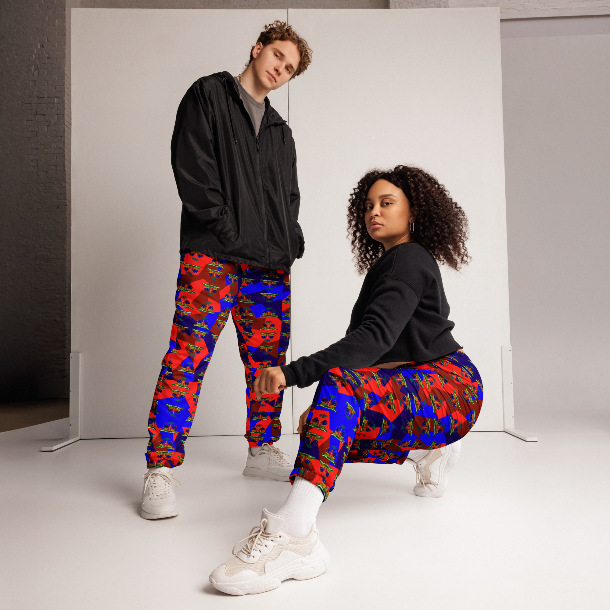 Unisex Track Pants – Haiti Emblem Geo Print | Lightweight Water‑Resistant Streetwear
