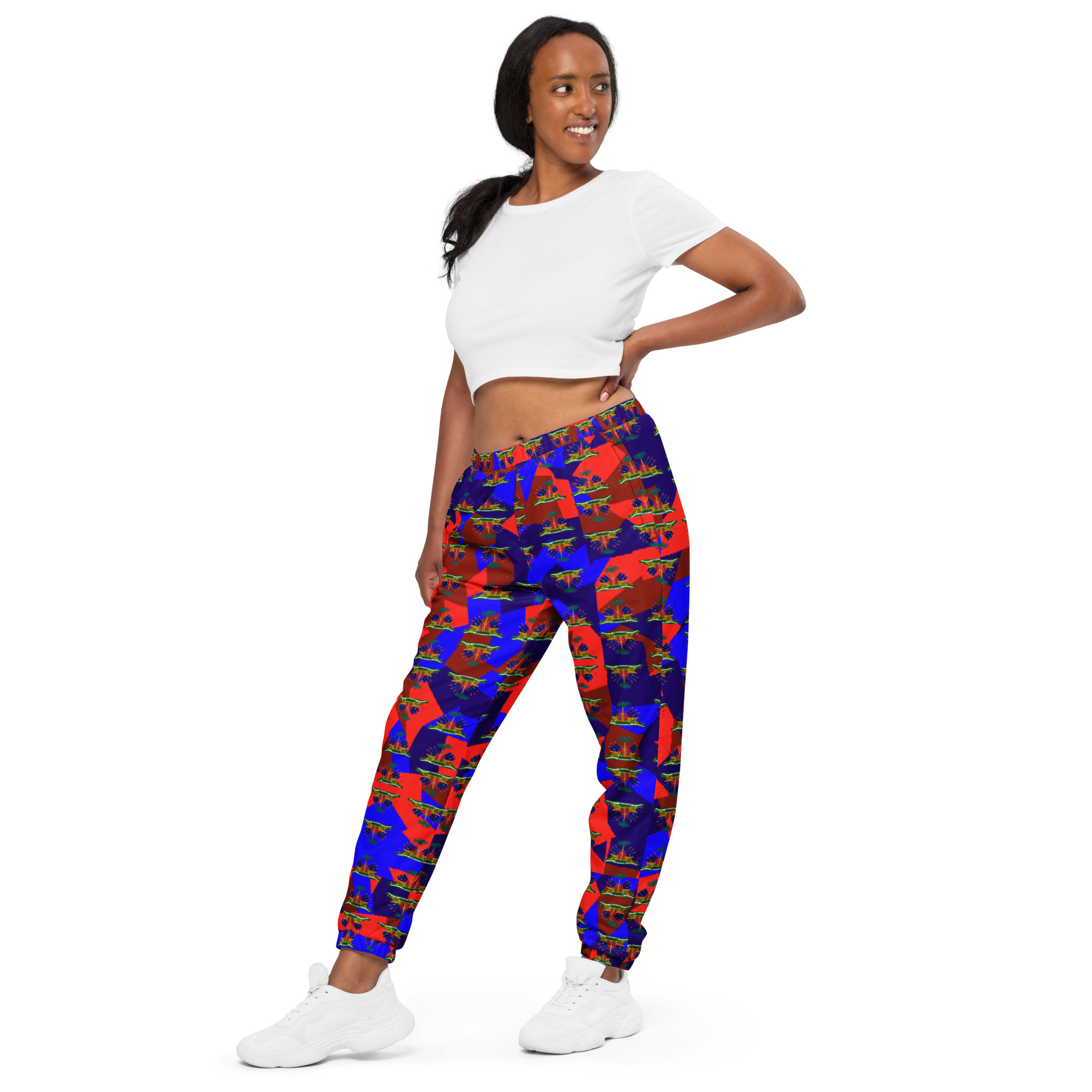 Unisex Track Pants – Haiti Emblem Geo Print | Lightweight Water‑Resistant Streetwear
