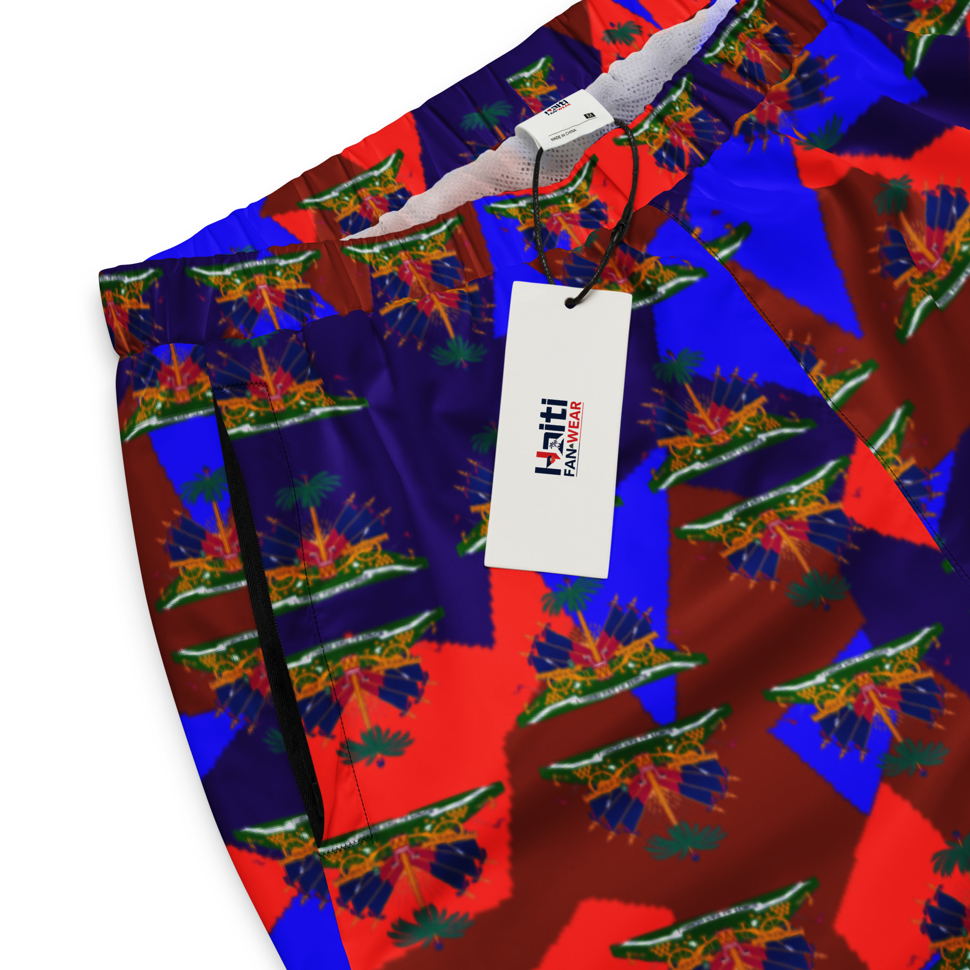 Unisex Track Pants – Haiti Emblem Geo Print | Lightweight Water‑Resistant Streetwear