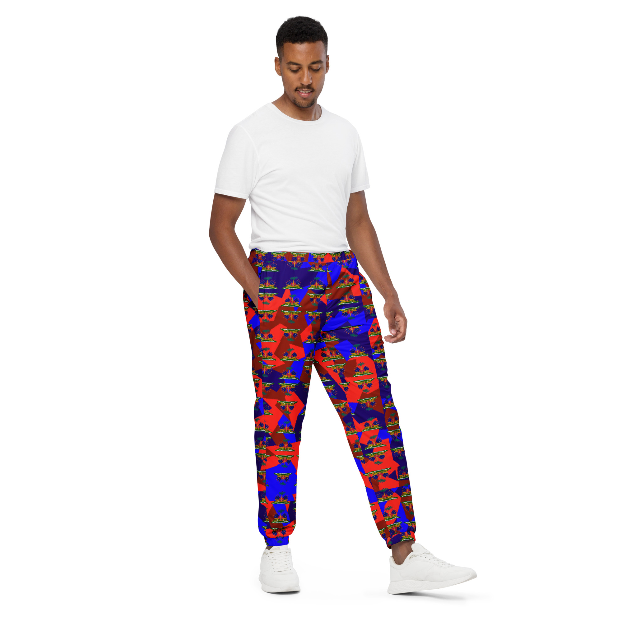 Unisex Track Pants – Haiti Emblem Geo Print | Lightweight Water‑Resistant Streetwear