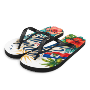 Easy, lightweight flip-flops made for vacation, beach days, and Haitian pride. The Haiti La Perle Des Antilles design adds bold island energy to your warm-weather essentials.