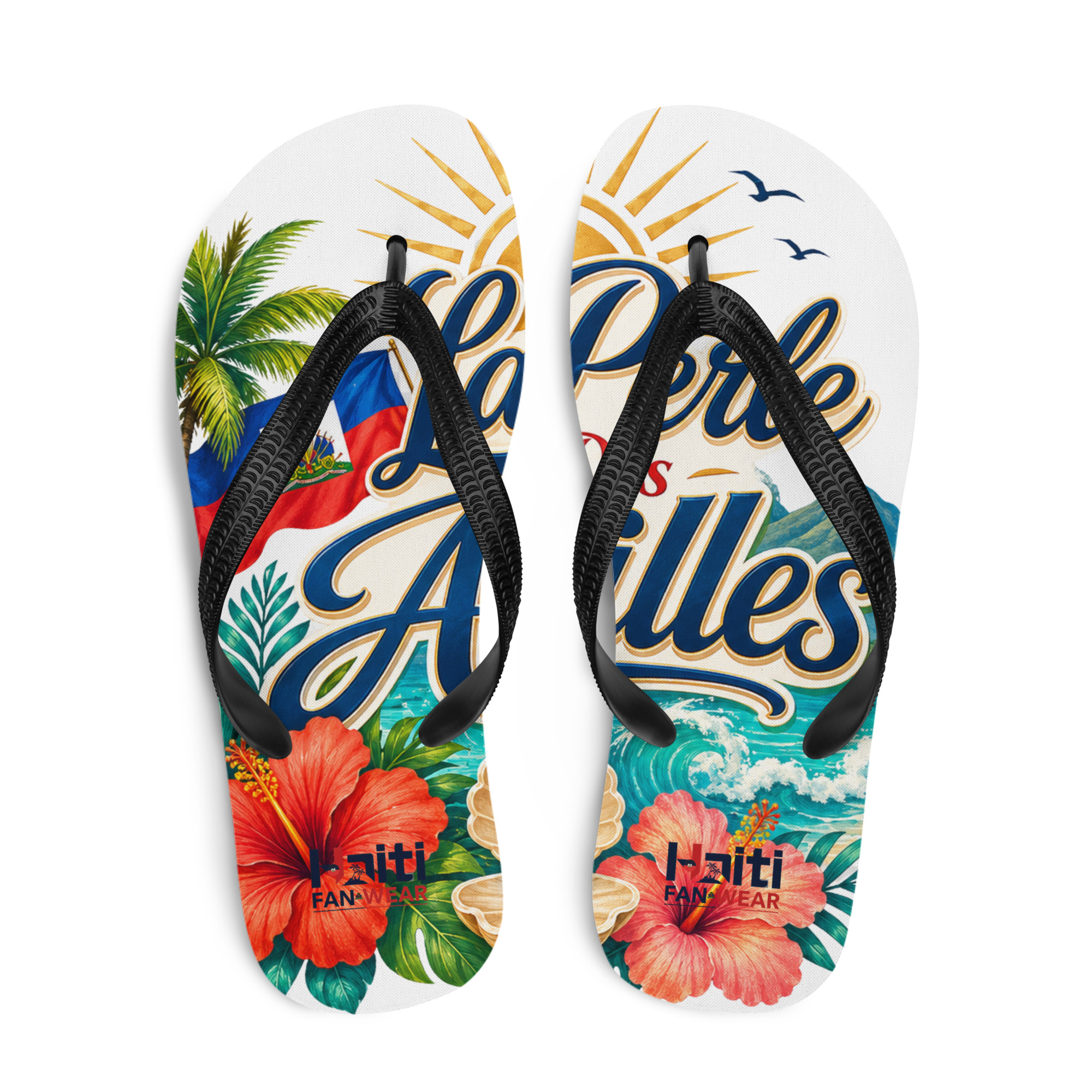 Easy, lightweight flip-flops made for vacation, beach days, and Haitian pride. The Haiti La Perle Des Antilles design adds bold island energy to your warm-weather essentials.