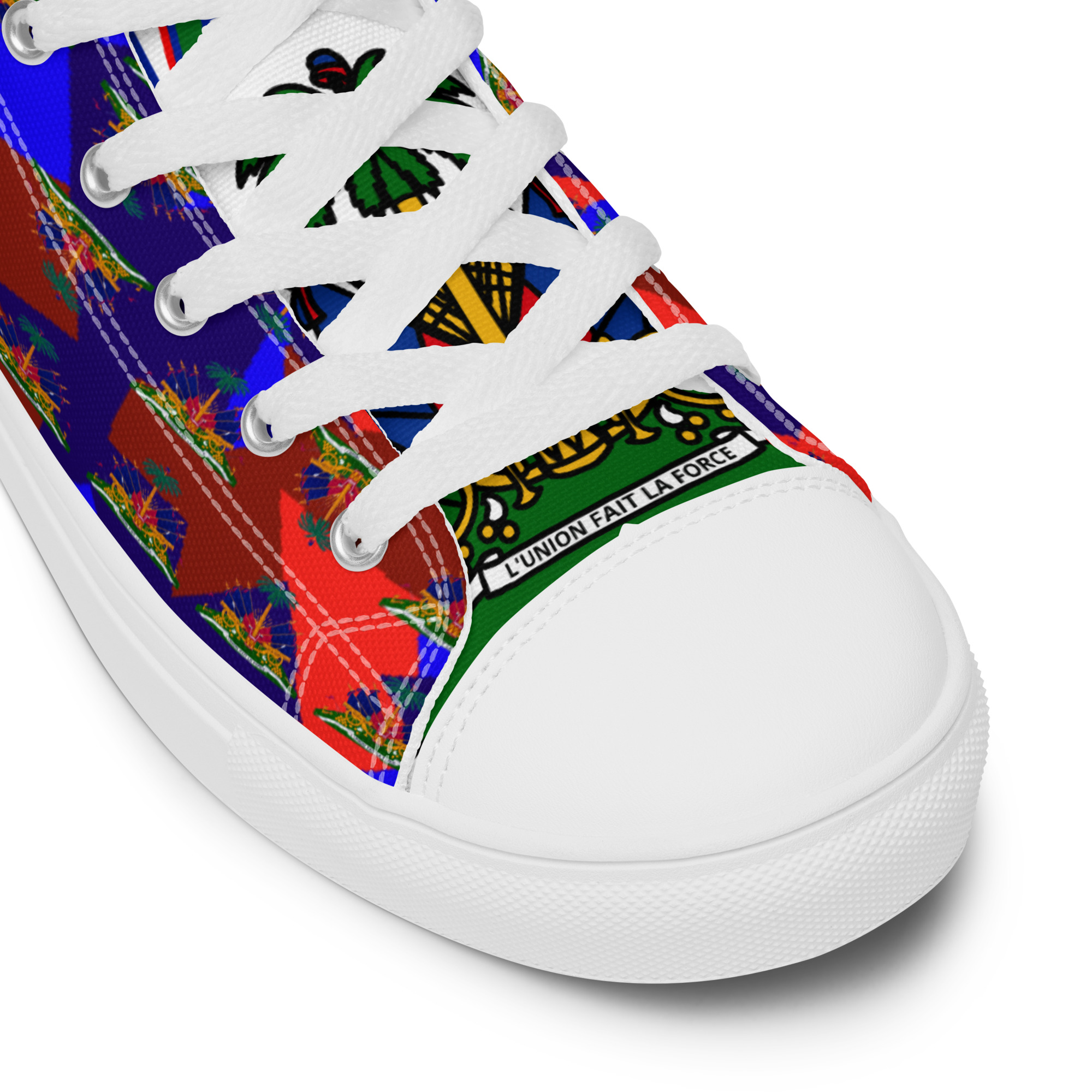 Haiti Emblem Geo Print Women’s High Top Canvas Shoes | Haitian Pride Streetwear - Image 6